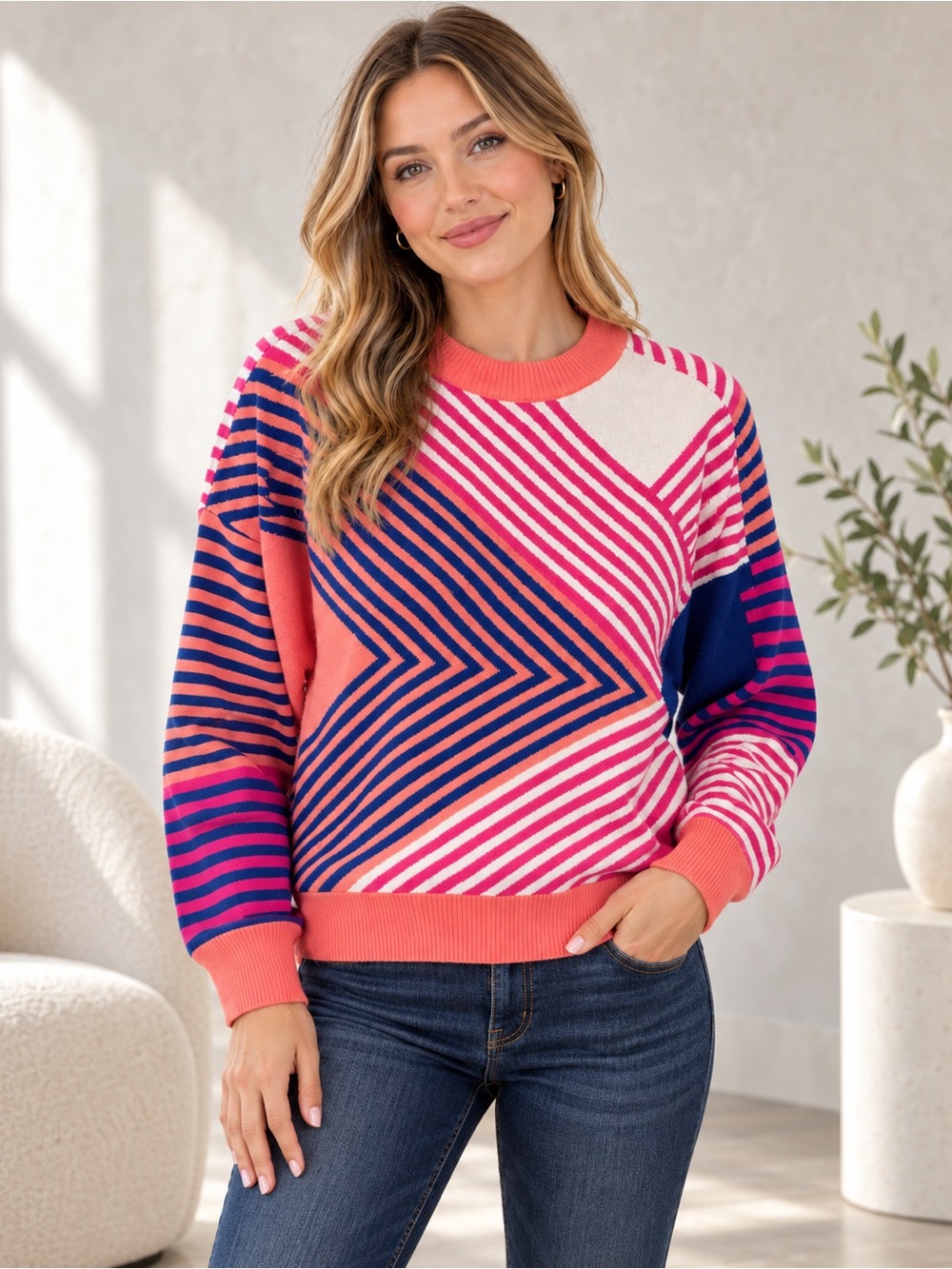 THML Geometric Stripe Colorblock Sweater Pink Blue Coral Ivory Medium